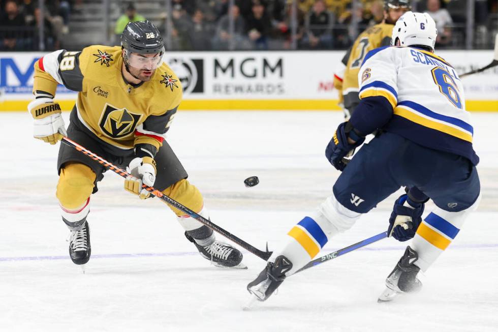 Vegas Golden Knights left wing William Carrier (28) skates while St. Louis Blues defenseman Mar ...