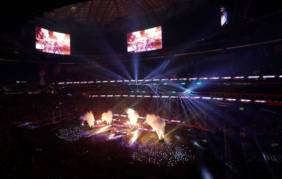 Maroon 5 performs during halftime of the NFL Super Bowl 53 football game between the Los Angele ...