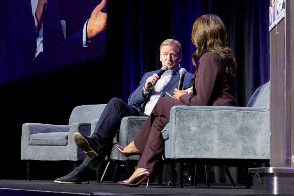 NFL commissioner Roger Goodell, left, speaks to Raiders president Sandra Douglass Morgan during ...