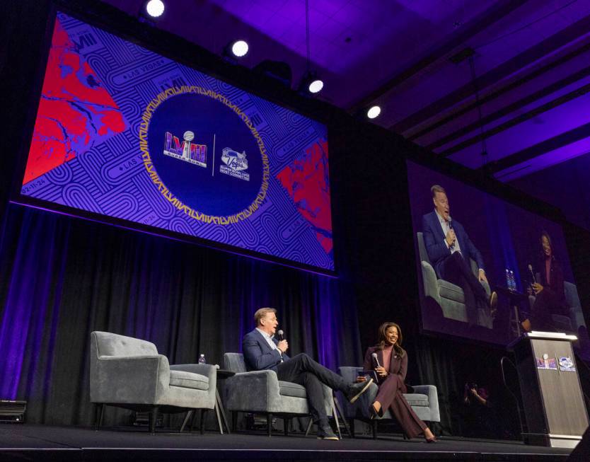 NFL commissioner Roger Goodell, left, speaks to Raiders president Sandra Douglass Morgan during ...