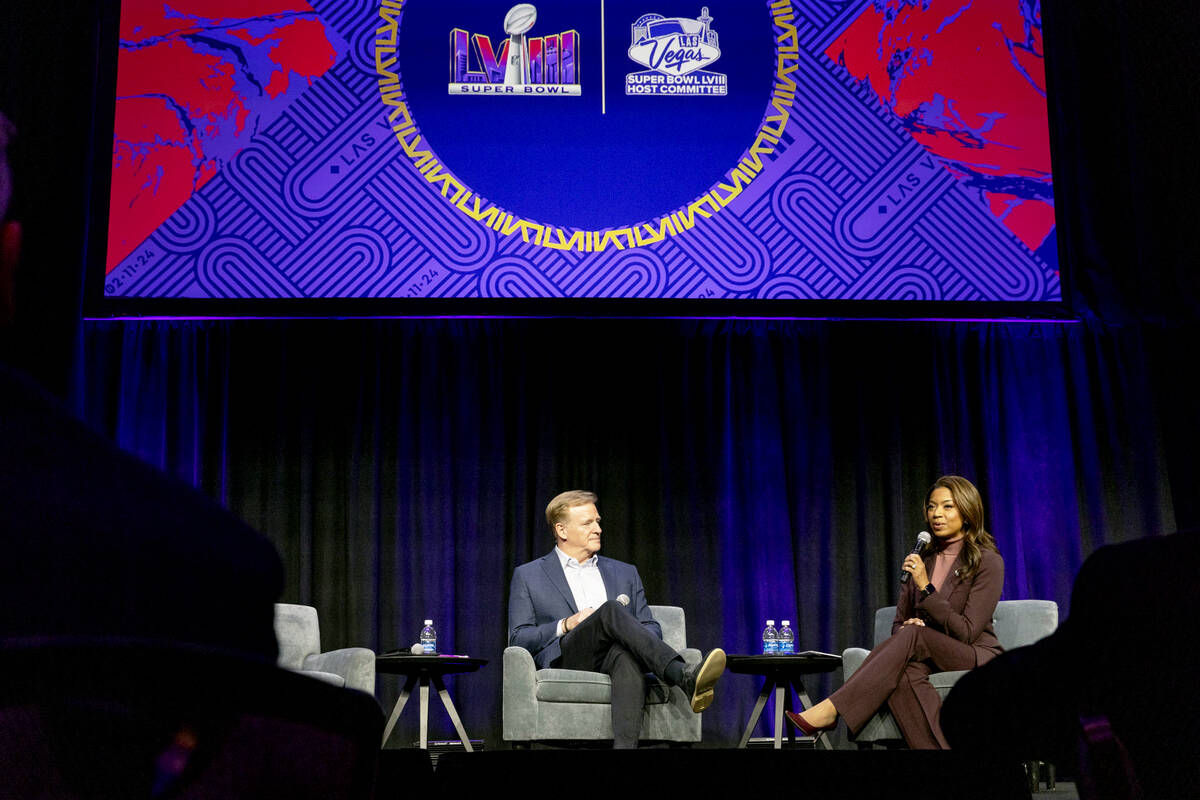 Raiders president Sandra Douglass Morgan, right, speaks on stage with NFL commissioner Roger Go ...