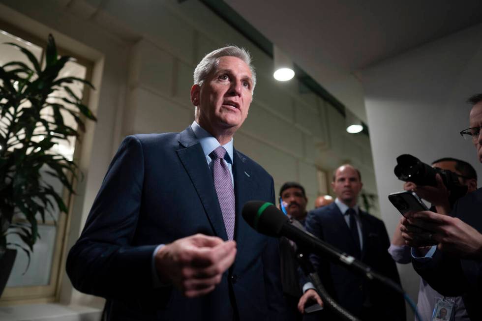 FILE - Speaker of the House Kevin McCarthy, R-Calif., talks to reporters after a closed-door me ...