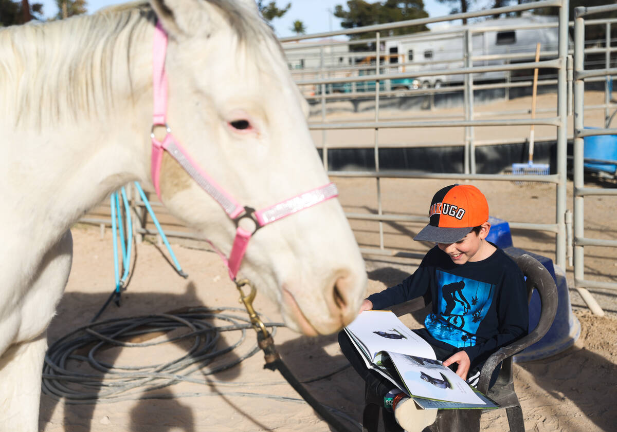 Jude Oles, 10, reads to Lagertha at Talisman Farm in Las Vegas, Sunday, Dec. 10, 2023. Esther H ...