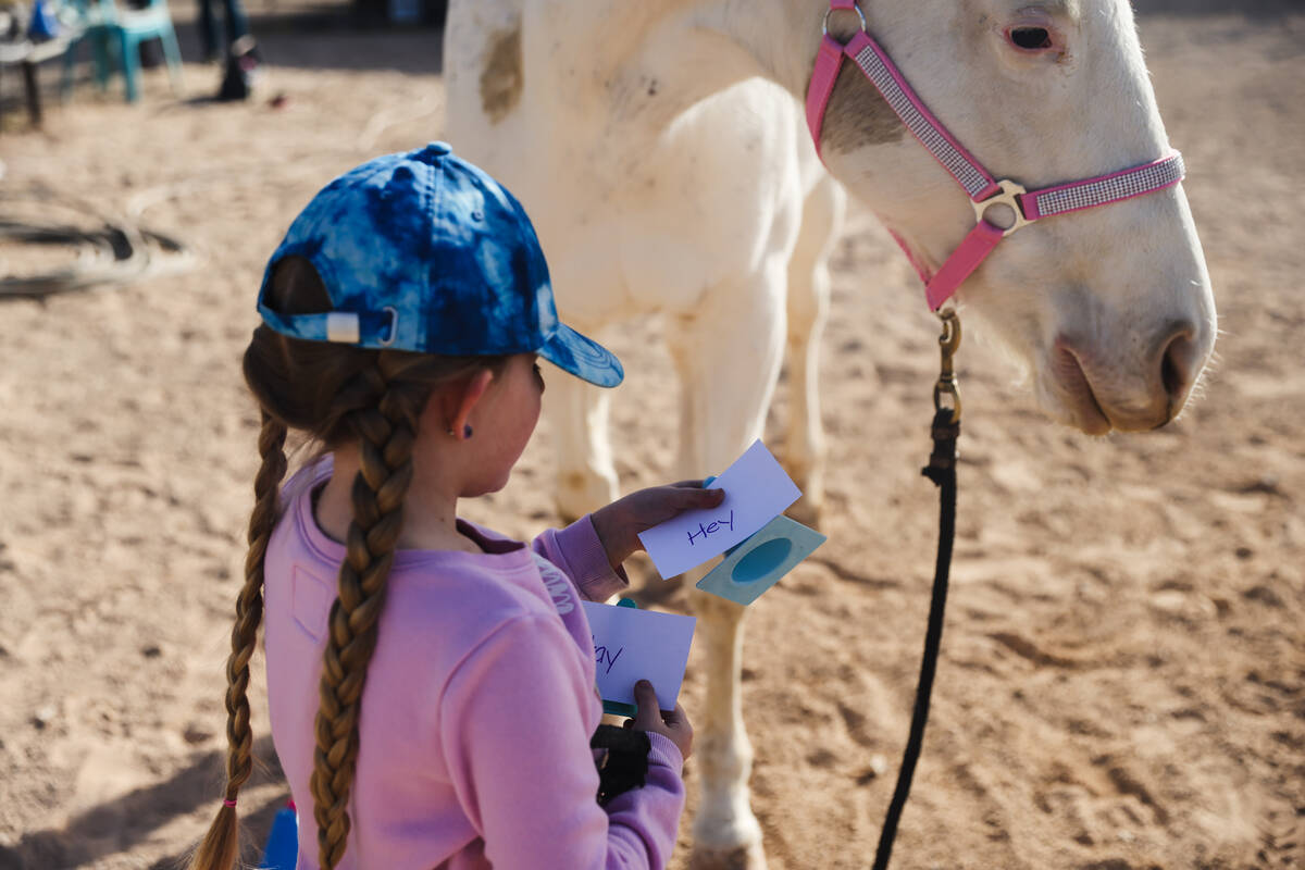 Eliora Oles, 9, participates in a vocabulary exercise next to Lagertha at Talisman Farm in Las ...