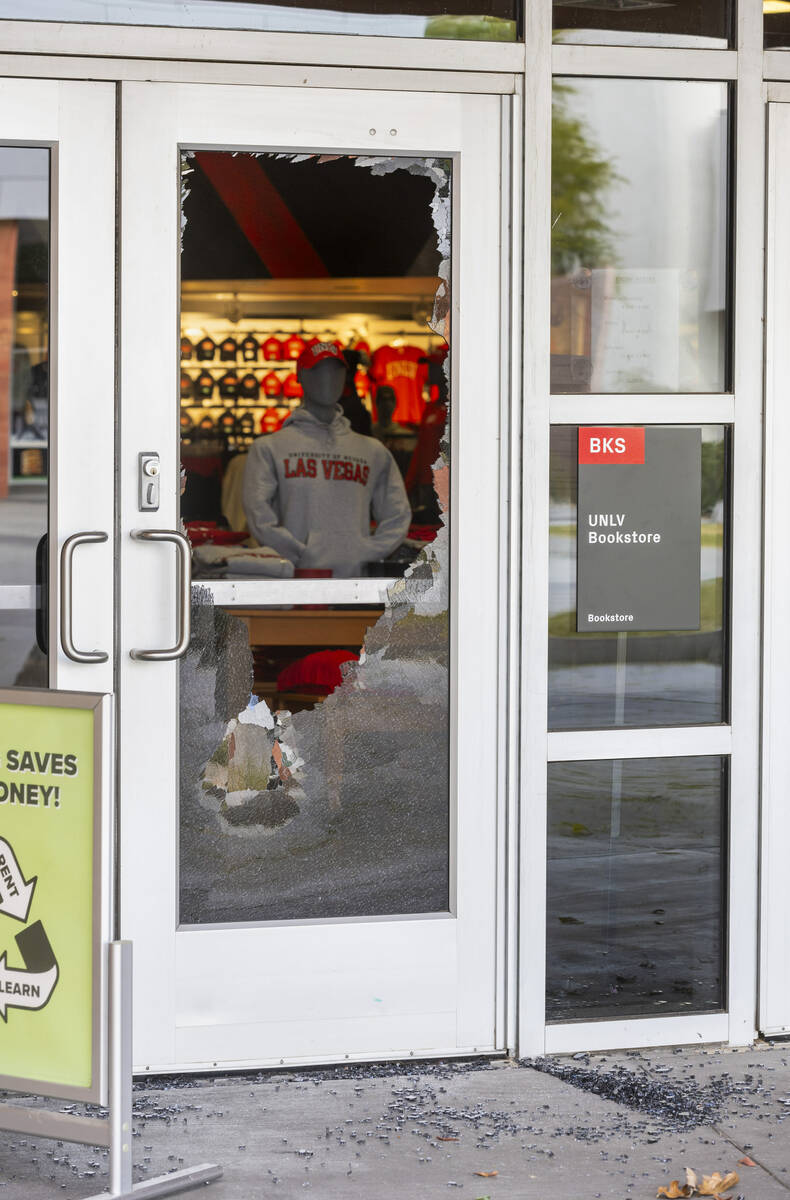 The UNLV Bookstore has shattered front door glass following the shooting yesterday on the UNLV ...