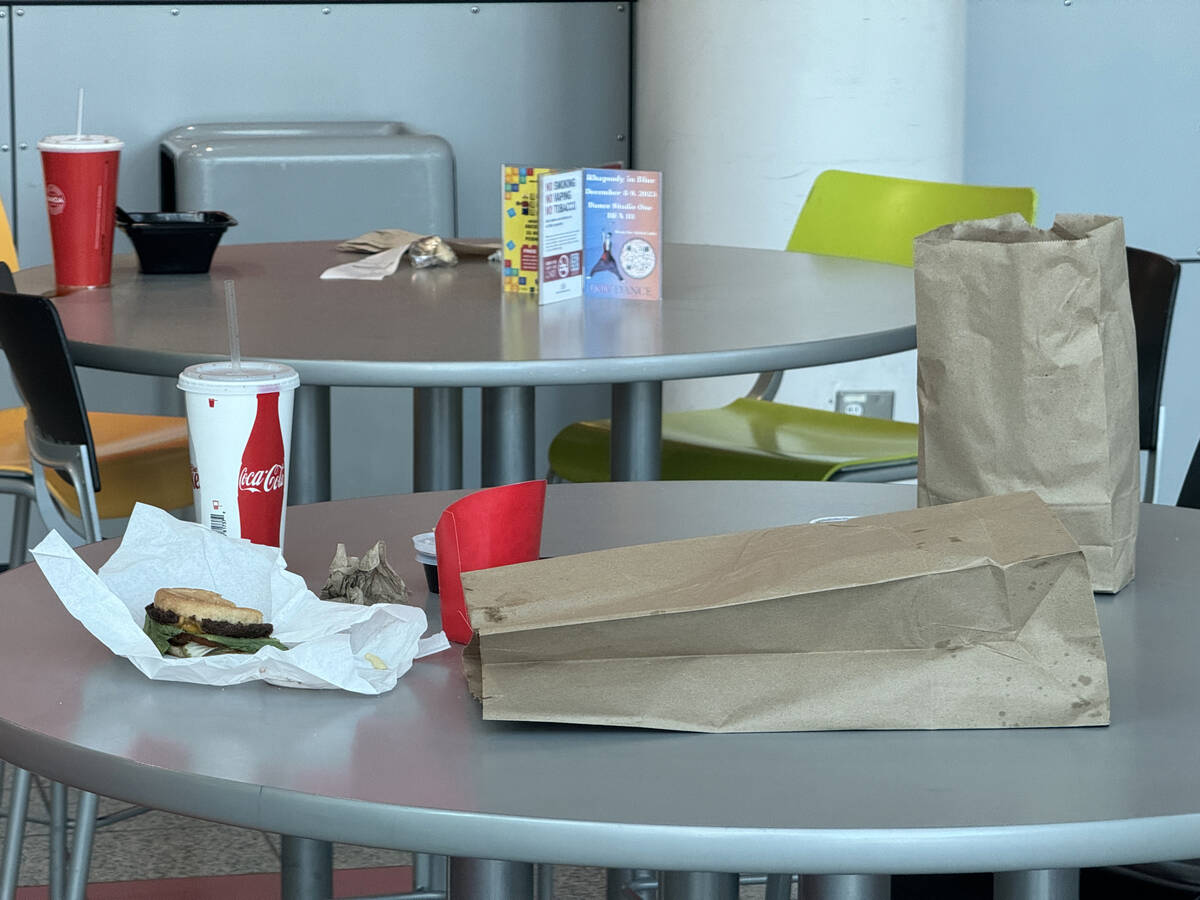 Unfinished food and personal items left behind in the Student Union on the UNLV campus in Las V ...