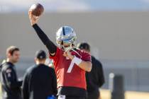 Raiders quarterback Brian Hoyer (7) makes a throw during practice at the Intermountain Health P ...