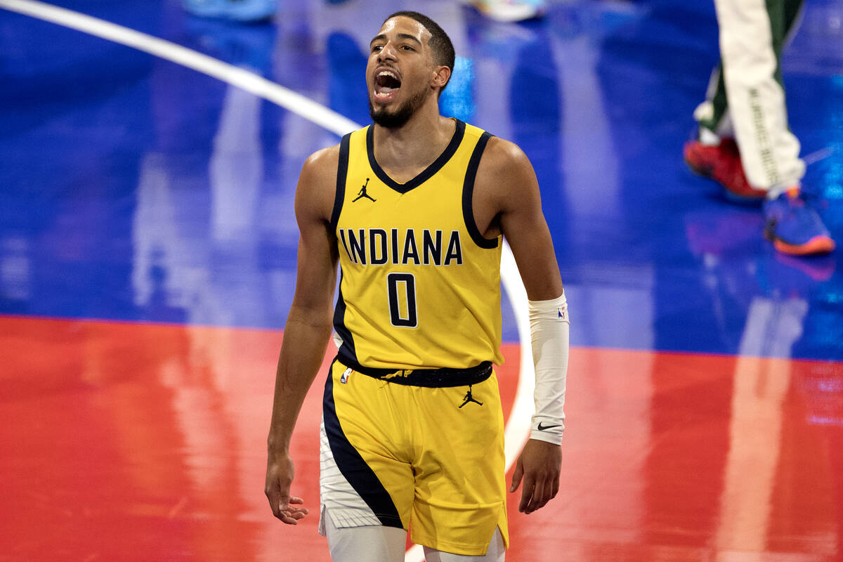 Indiana Pacers guard Tyrese Haliburton (0) celebrates after a scoring streak during the second ...