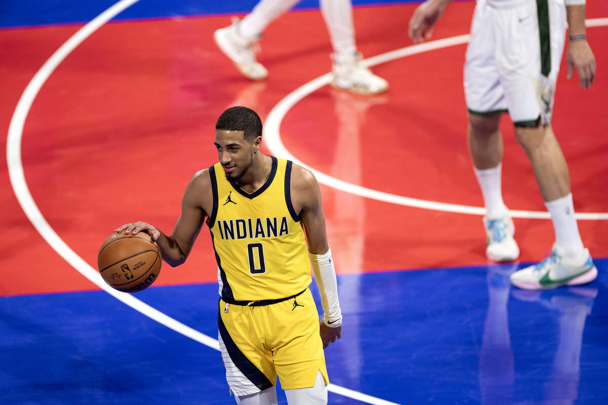 Indiana Pacers guard Tyrese Haliburton (0) dribbles out the final seconds of an NBA In-Season T ...
