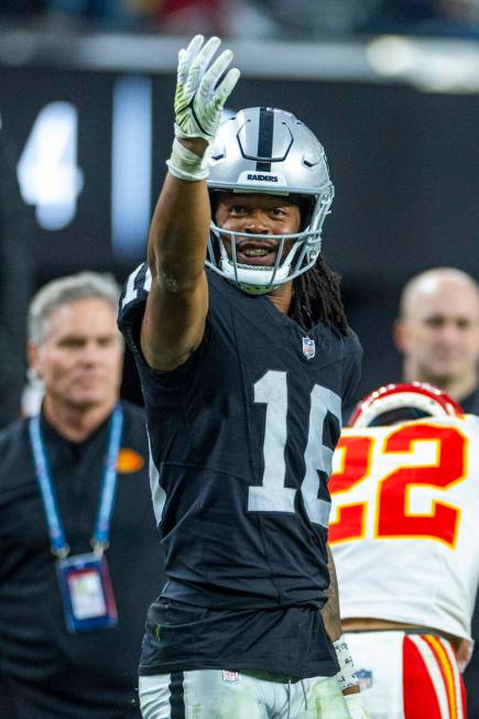 Raiders wide receiver Jakobi Meyers (16) signals a first down against the Kansas City Chiefs du ...