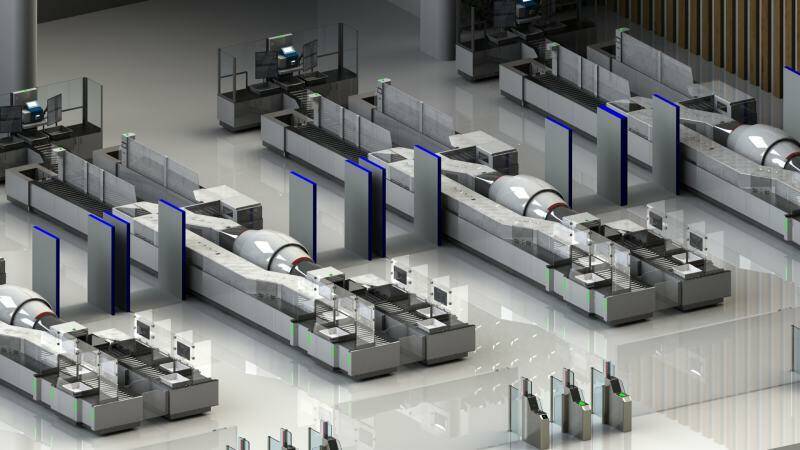 A rendering of the Vanderlande PAX M2 self-screening system. A pilot program for a self-screeni ...