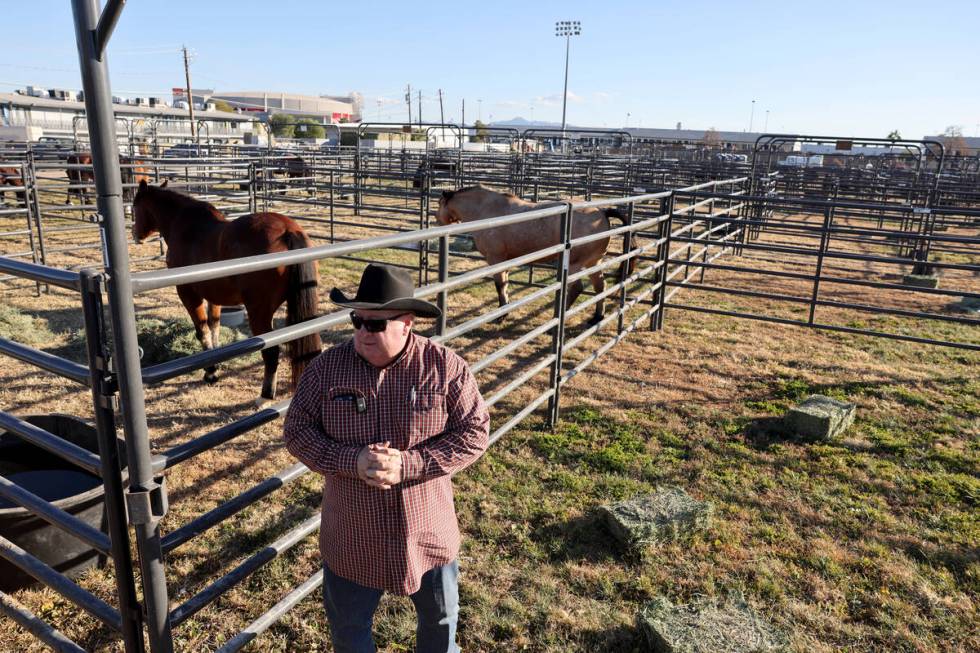 National Finals Rodeo livestock superintendent John Barnes talks to a reporter in the temporary ...