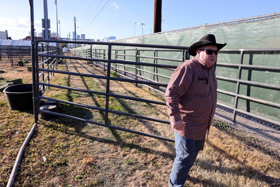 National Finals Rodeo livestock superintendent John Barnes talks to a reporter in the temporary ...