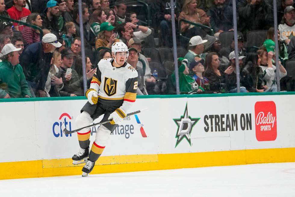 Vegas Golden Knights defenseman Zach Whitecloud reacts after scoring a goal on the Dallas Stars ...