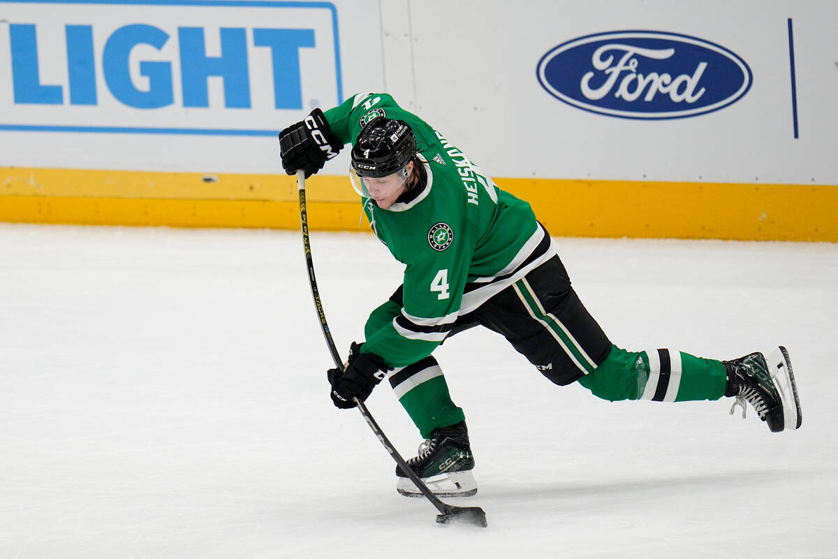 Dallas Stars defenseman Miro Heiskanen shoots against the Vegas Golden Knights during the third ...