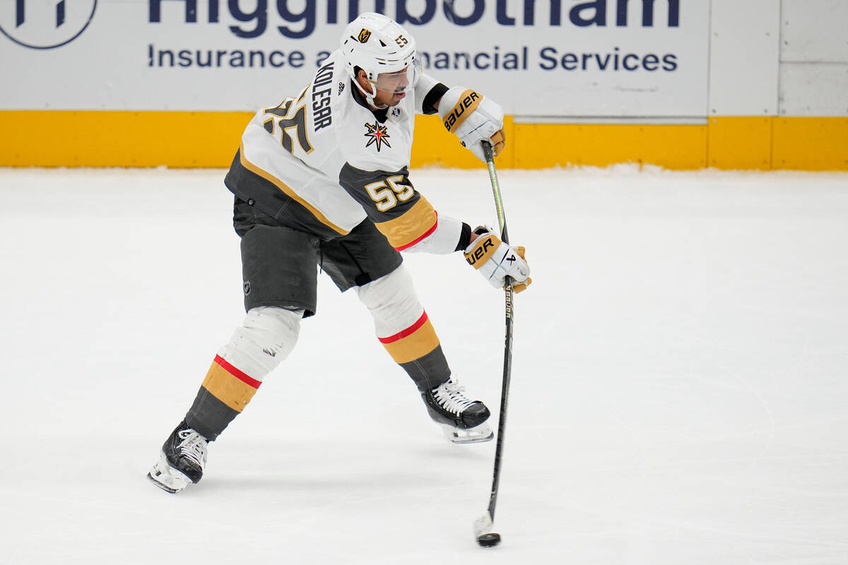 Vegas Golden Knights right wing Keegan Kolesar shoots against the Dallas Stars during the third ...