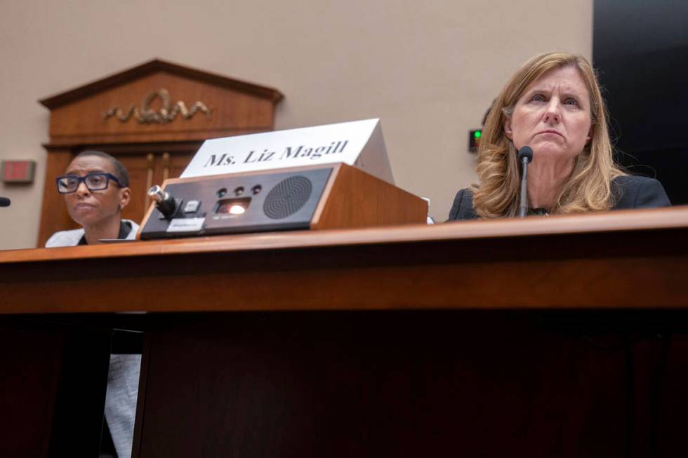 Harvard President Claudine Gay, left, and University of Pennsylvania President Liz Magill liste ...