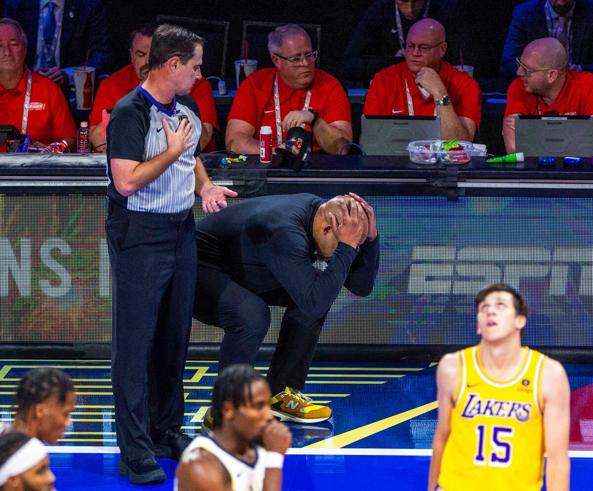 Los Angeles Lakers head coach Darvin Ham is unhappy with a call as the Indiana Pacers keep batt ...