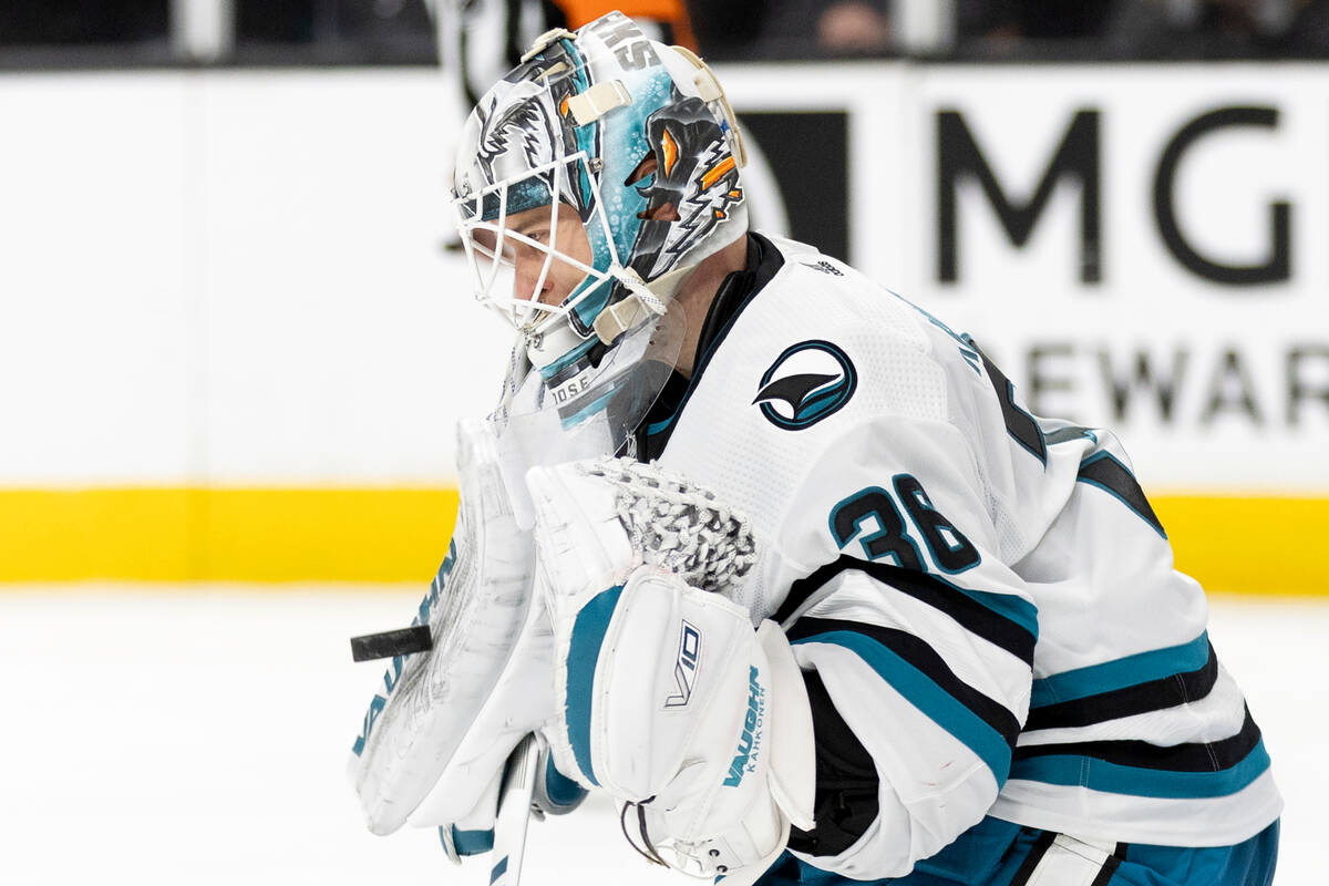 San Jose Sharks goaltender Kaapo Kahkonen (36) saves the puck during the second period of an NH ...