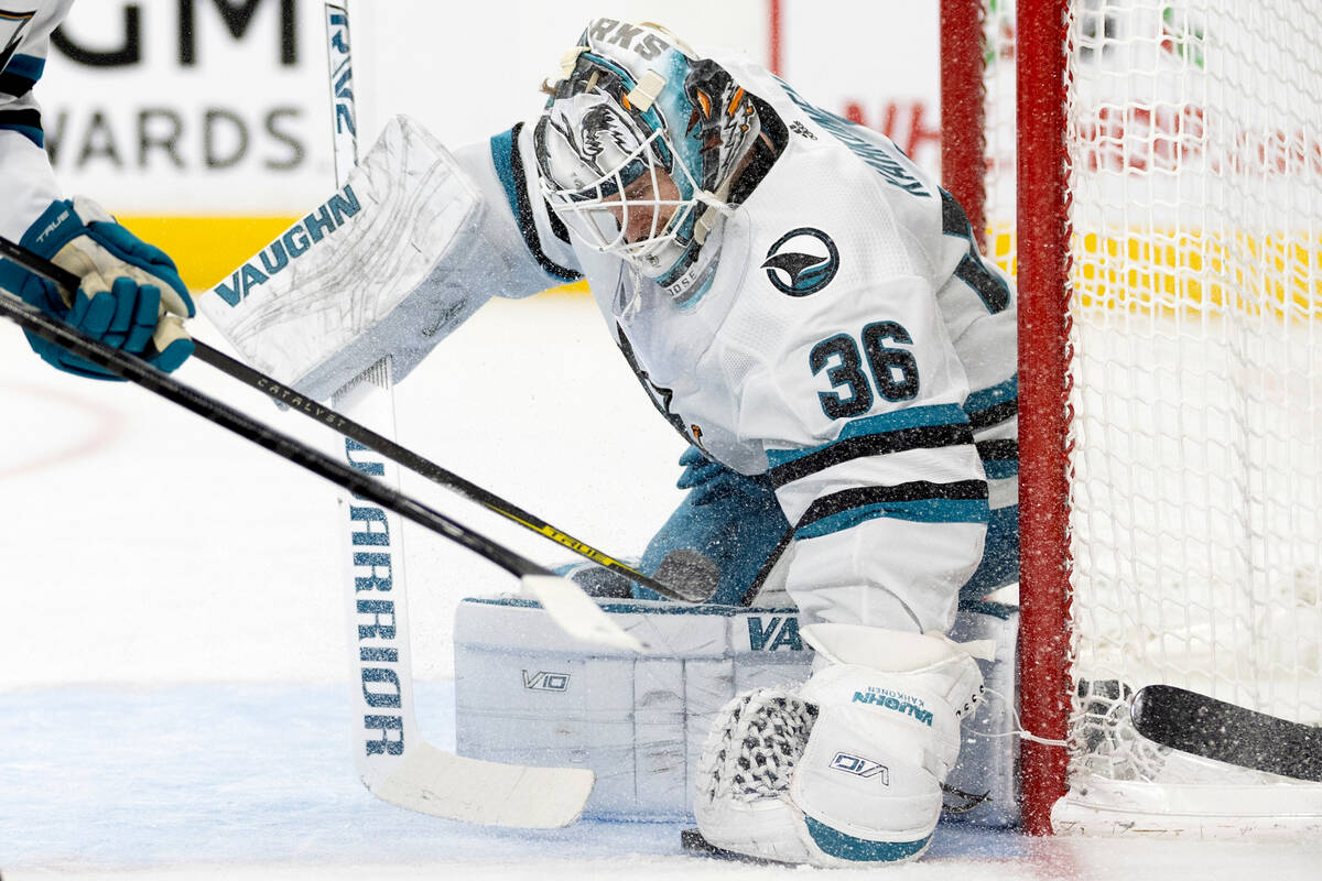 San Jose Sharks goaltender Kaapo Kahkonen (36) saves the puck during the second period of an NH ...