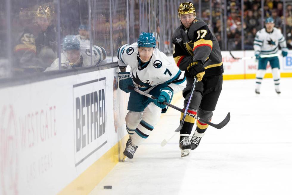 Vegas Golden Knights defenseman Ben Hutton (17) passes the puck up the ice against San Jose Sha ...