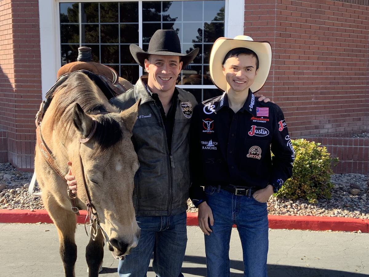 . World champion bareback rider Tim O'Connell is joined by his favorite Vegas cowboy, Angelo Ma ...