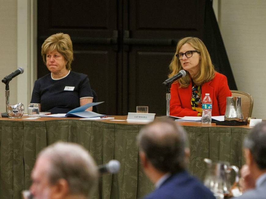 Liz Magill (right), who resigned Saturday as Penn president, and Julie Platt, the interim board ...