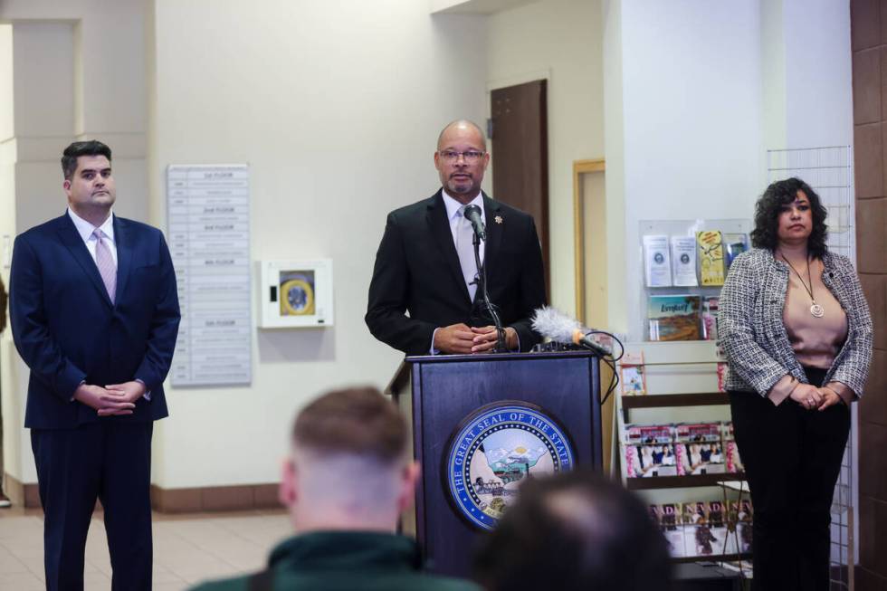 Nevada Attorney General Aaron Ford addresses the media at the Grant Sawyer Building in Las Vega ...