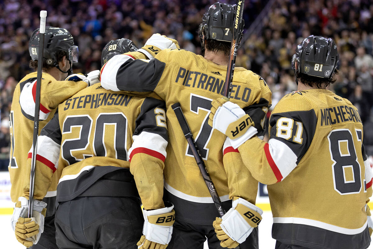 Golden Knights right wing Mark Stone (61), center Chandler Stephenson (20), defenseman Alex Pie ...