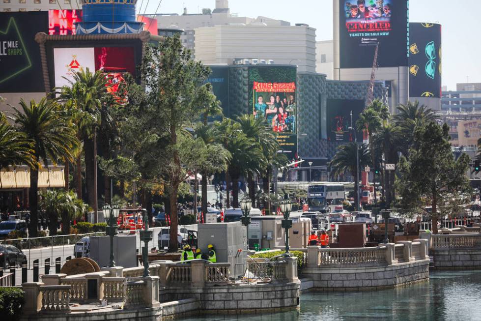 Trees are seen outside the Fountains of Bellagio on the Strip in Las Vegas, Tuesday, Dec. 12, 2 ...