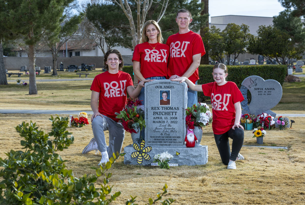 (LtoR) Luke, 17, Samantha, Jason and Bella Patchett, 12, around the headstone of their deceased ...