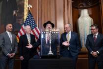 From left, House Minority Leader Hakeem Jeffries, D-N.Y., Senate Minority Leader Mitch McConnel ...