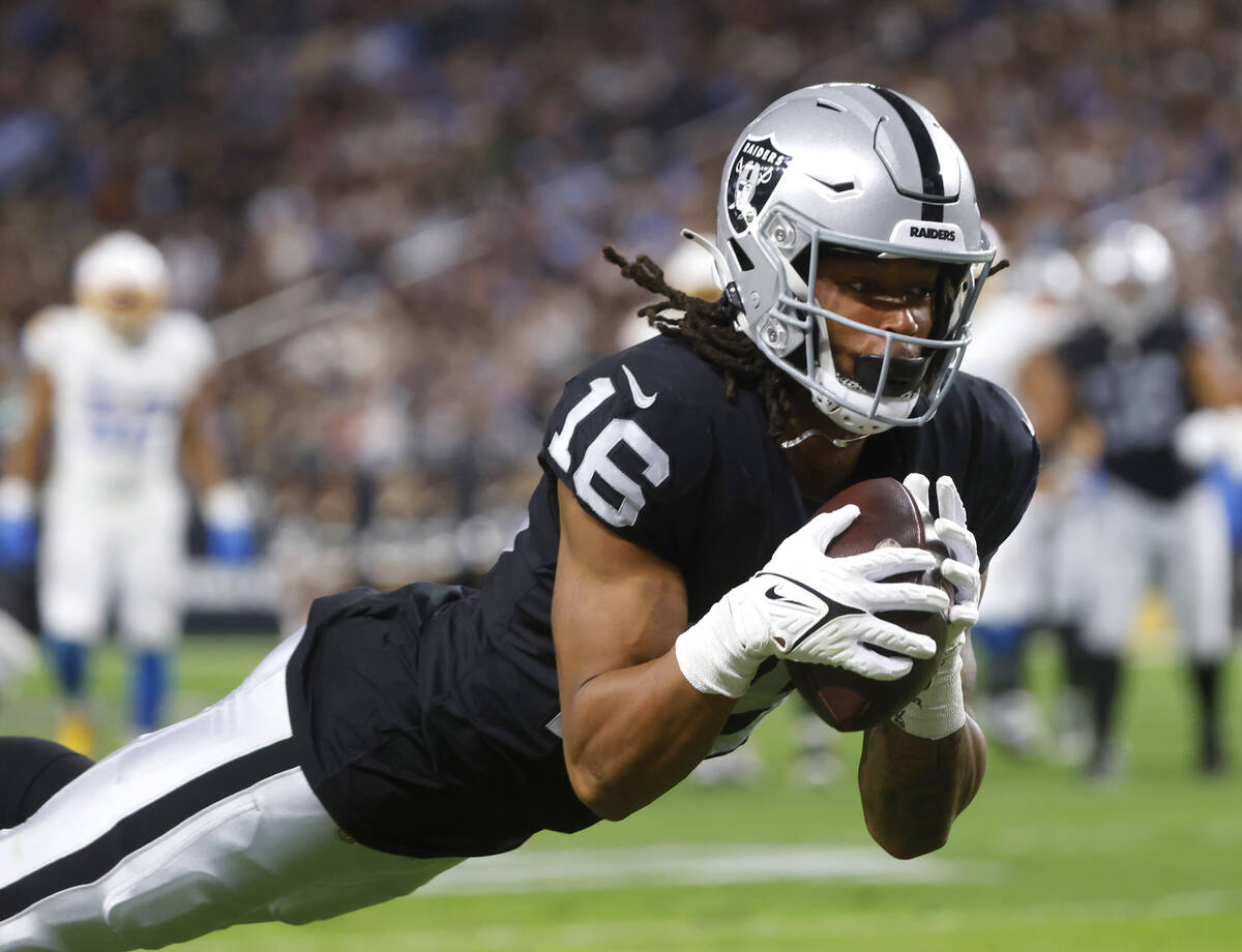 Raiders wide receiver Jakobi Meyers (16) dives for a touchdown against Los Angeles Chargers dur ...