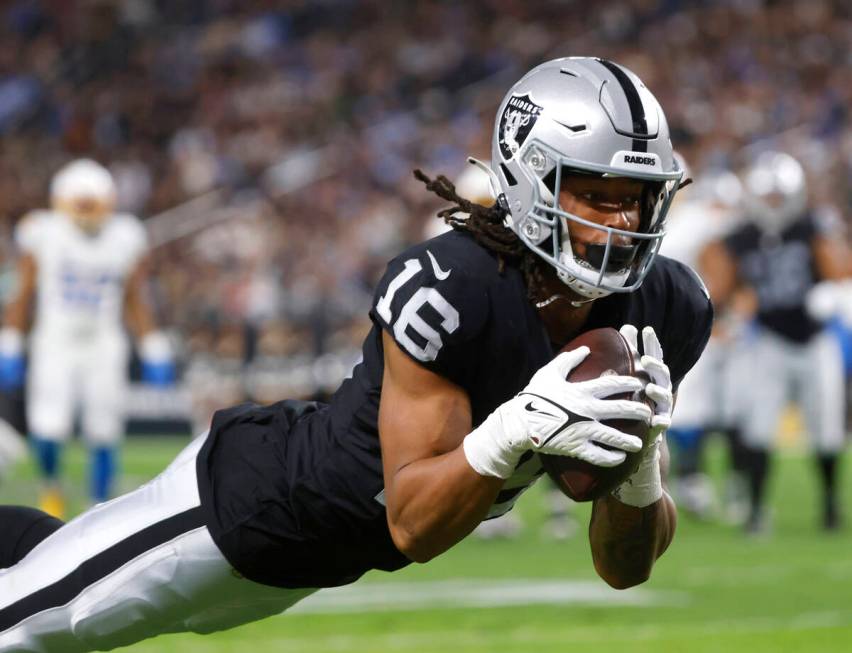 Raiders wide receiver Jakobi Meyers (16) dives for a touchdown against Los Angeles Chargers dur ...