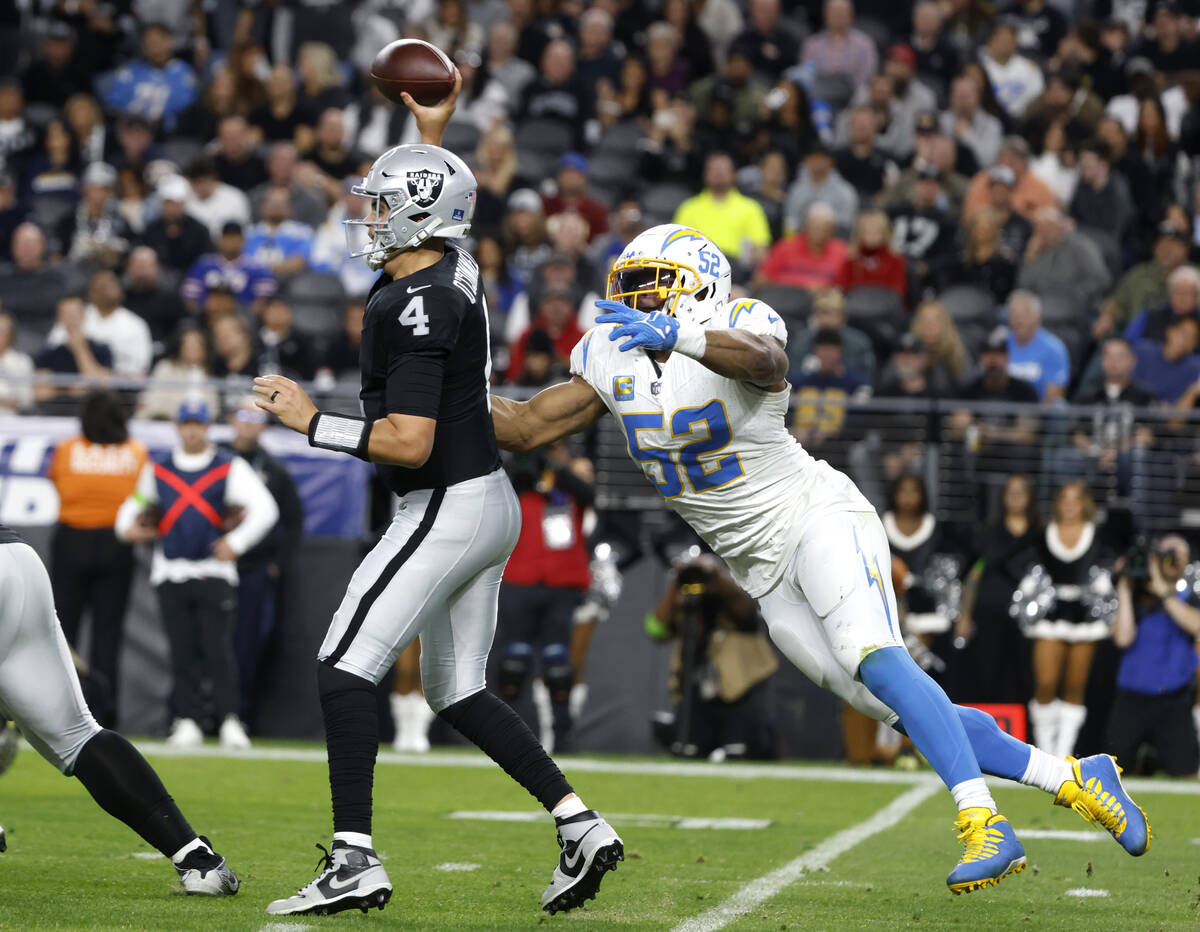 Raiders quarterback Aidan O'Connell (4) throws a pass under pressure from Los Angeles Chargers ...