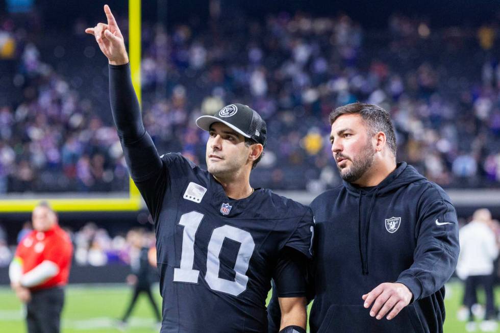 Raiders quarterback Jimmy Garoppolo (10) greets fans while leaving the field against the Minnes ...