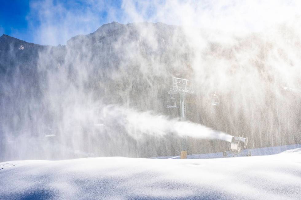 Machine-made snow spills onto the Lee Canyon slopes. The Rabbit Peak area with terrain suitable ...