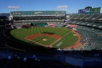 Fans watch a baseball game at Oakland Coliseum between the Oakland Athletics and the Texas Rang ...