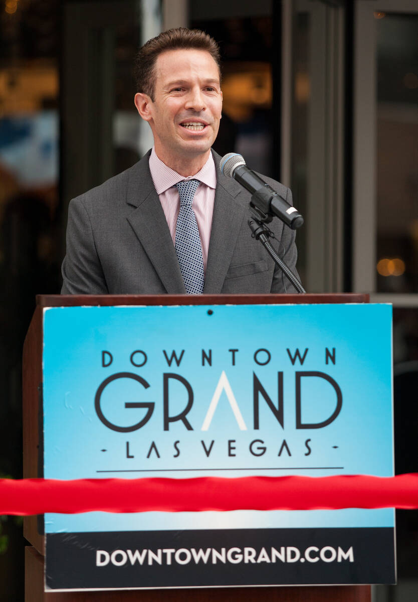 Downtown Grand Las Vegas CEO Seth Schorr makes remarks during the ribbon cutting ceremony of th ...