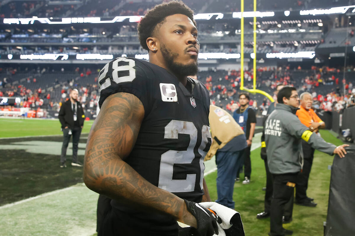 Raiders running back Josh Jacobs leaves the field after a loss to the Kansas City Chiefs in an ...