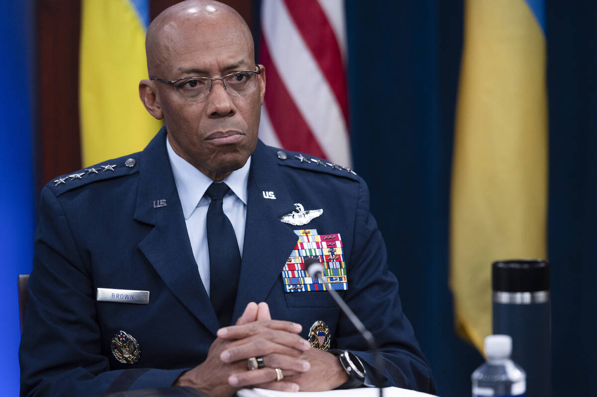 Chairman of the Joint Chiefs of Staff Air Force Gen. CQ Brown, participates in a virtual Ukrain ...