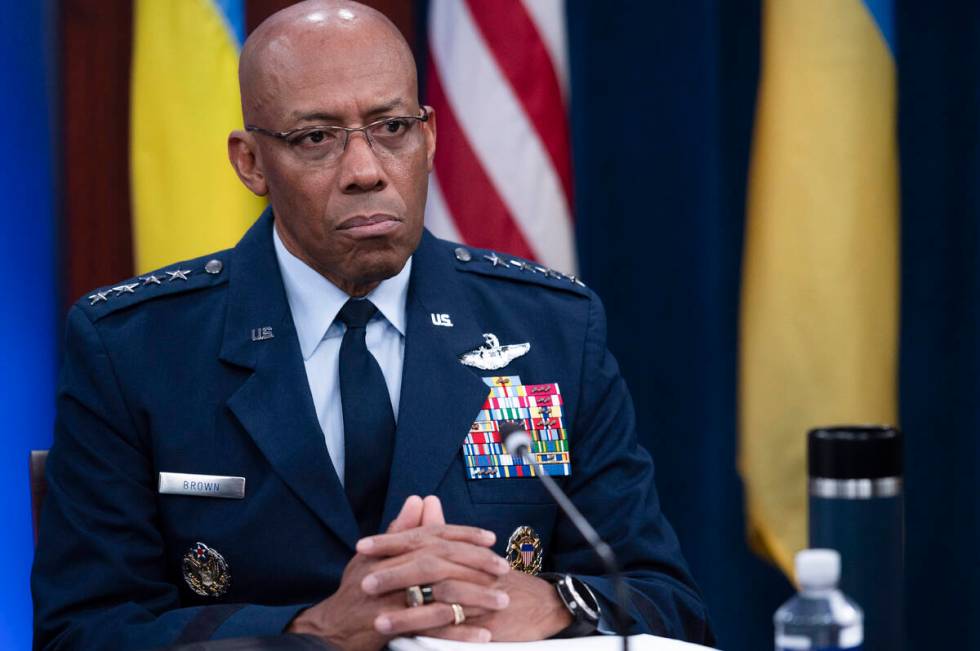 Chairman of the Joint Chiefs of Staff Air Force Gen. CQ Brown, participates in a virtual Ukrain ...