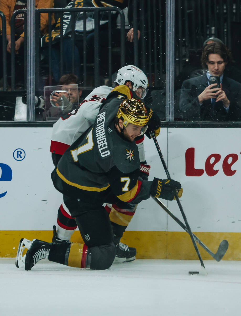 Ottawa Senators defenseman Travis Hamonic (23) and Golden Knights defenseman Alex Pietrangelo ( ...