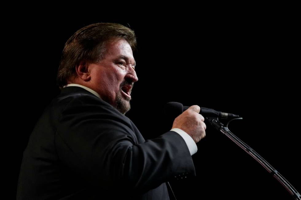 Nevada GOP chairman Michael McDonald introduces former President Donald Trump during a rally Su ...