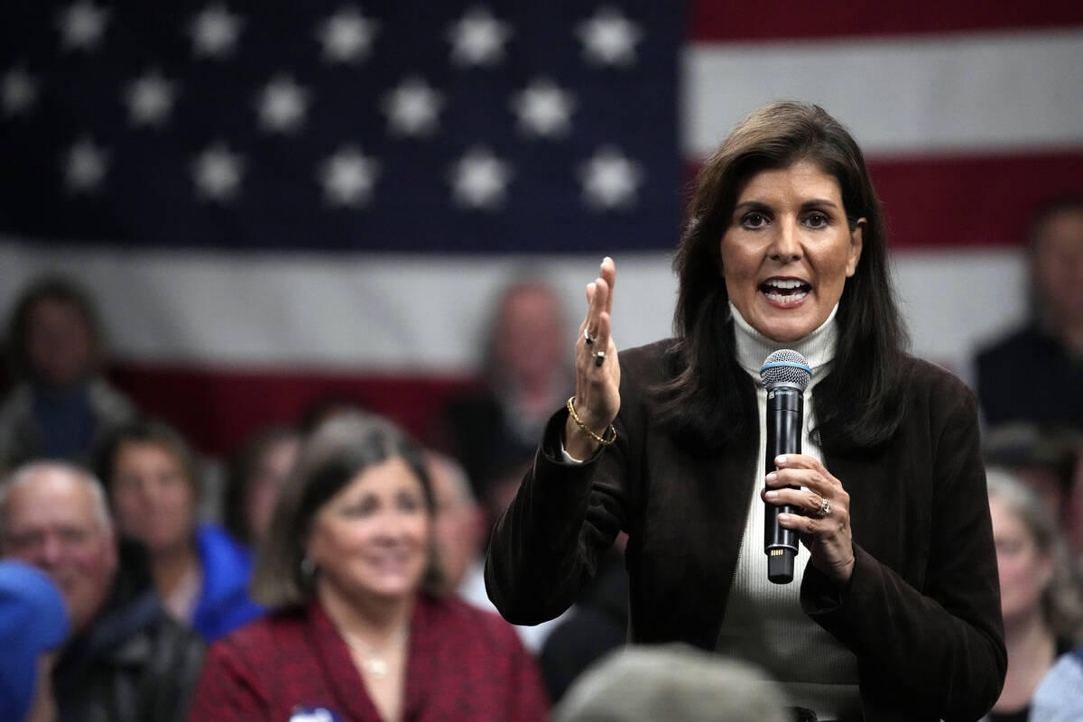 Republican presidential candidate former U.N. Ambassador Nikki Haley speaks at a town hall camp ...