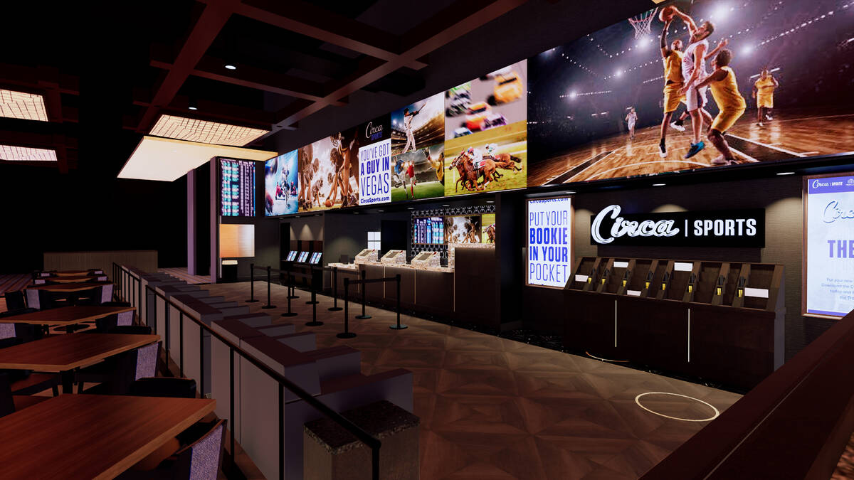 This rendering shows the renovated Circa Sportsbook set to open at Silverton in March 2024 in L ...