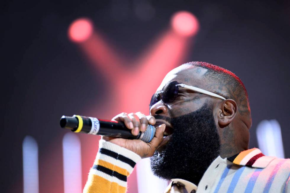 Rapper Rick Ross performs at the Kelce Jam music festival Friday, April 28, 2023, in Bonner Spr ...