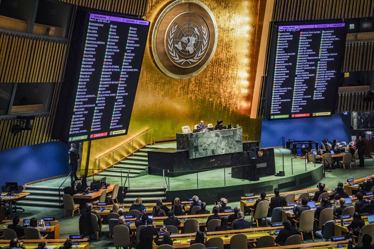 Display monitors show the result of voting in the United Nations General Assembly, in favor of ...