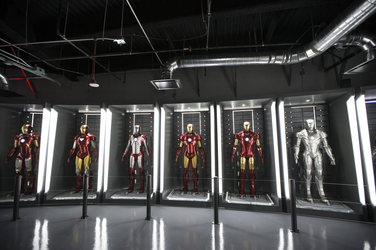 Movie character costumes for Iron Man are seen at the Marvel's Avengers Station inside the Trea ...