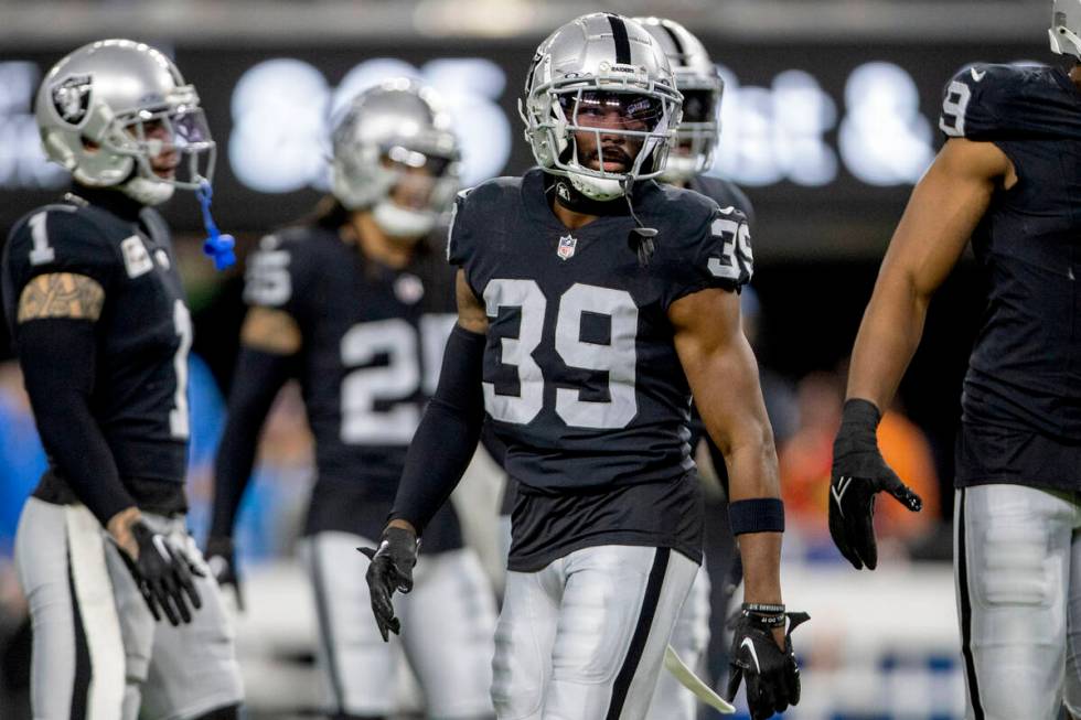 Raiders cornerback Nate Hobbs (39) on the field during the first half of an NFL game against th ...